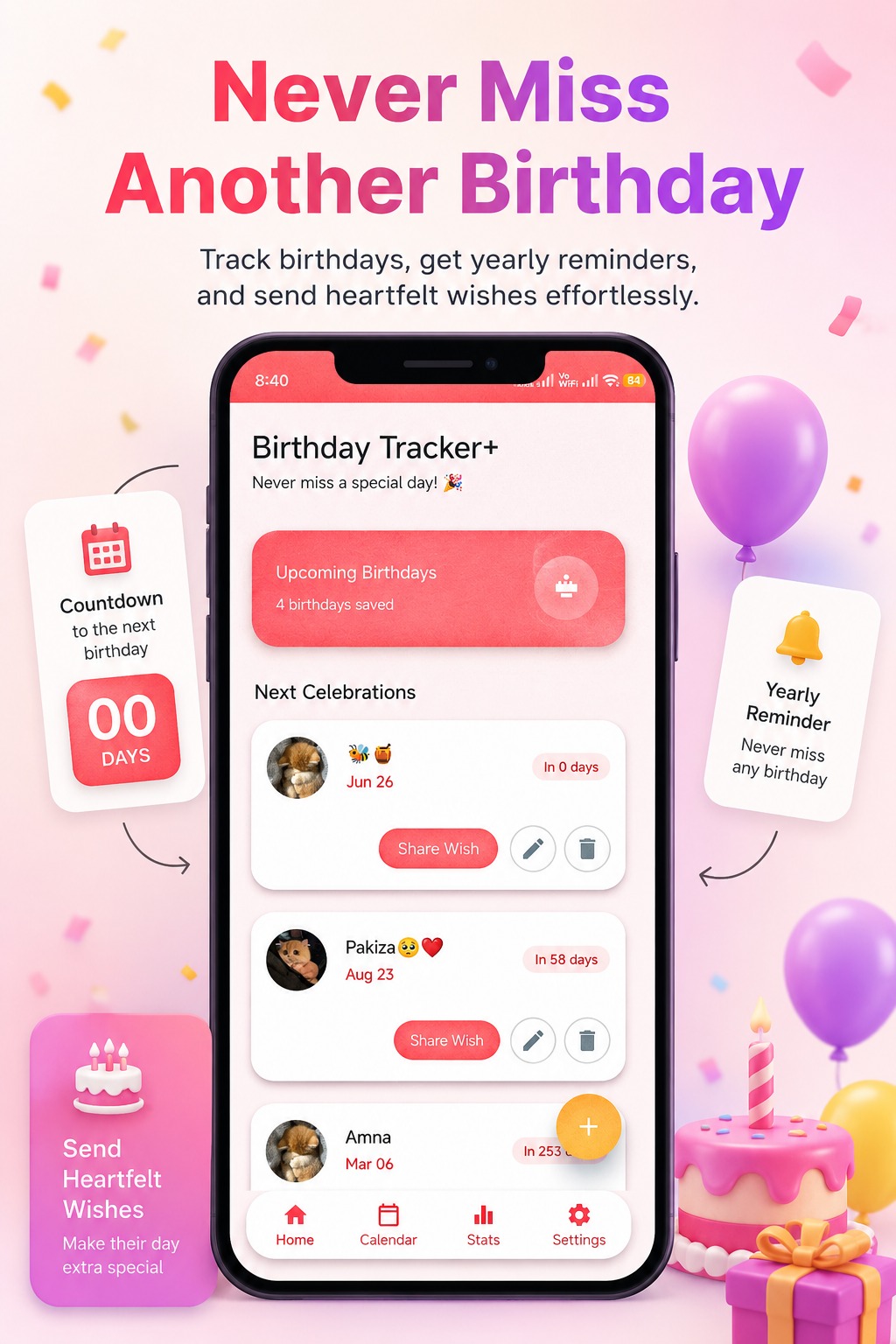 Birthday Tracker+ App UI Mockup
